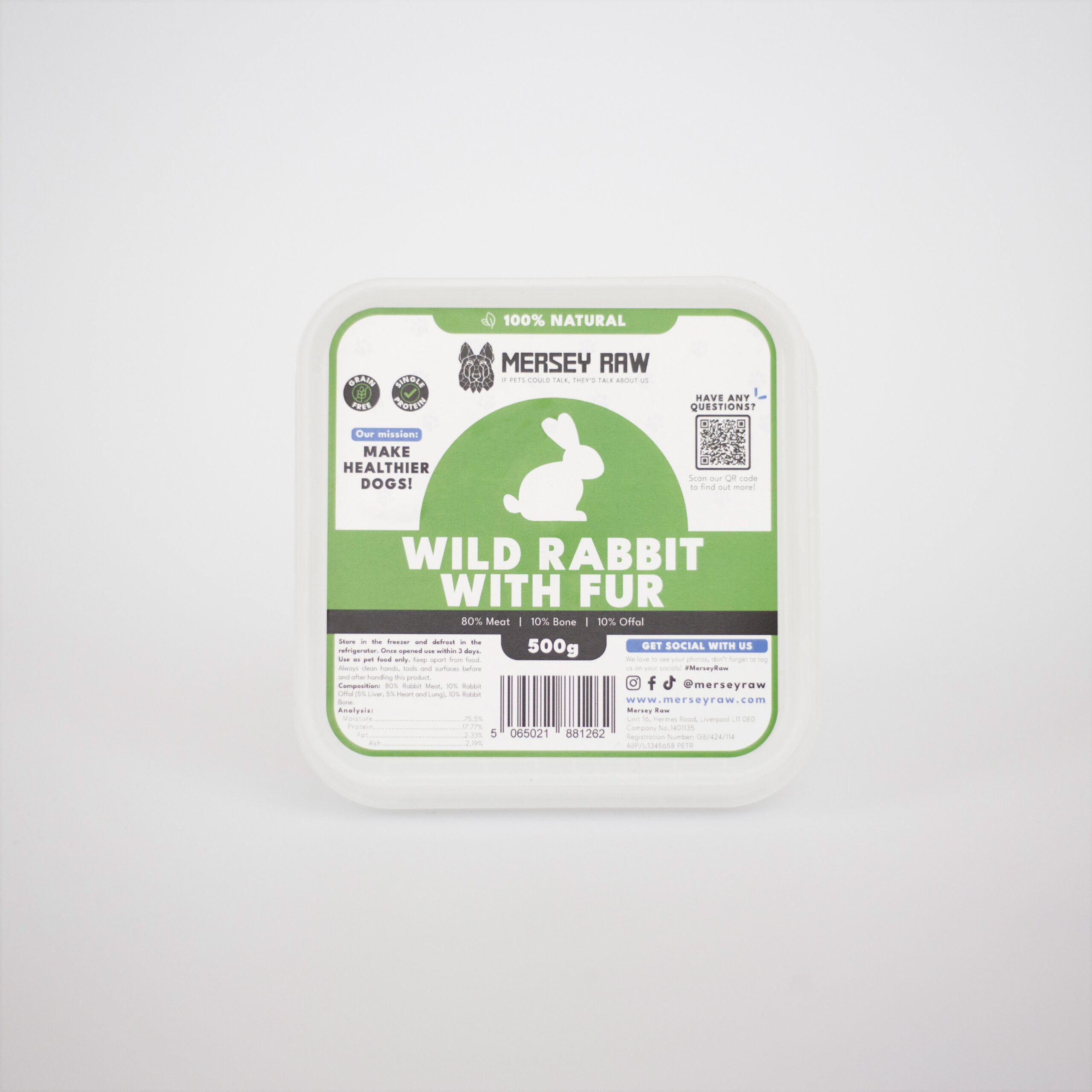Mersey Raw Wild Rabbit with Fur 500g